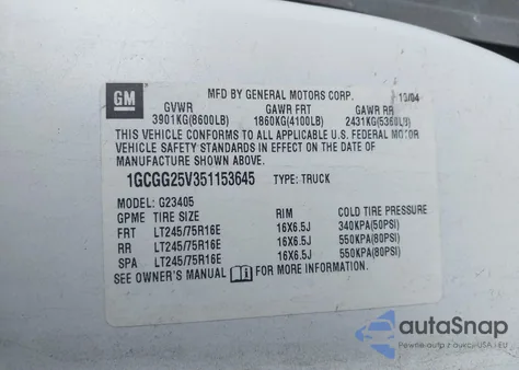 2005 Chevrolet Express z USA, uszkodzony, nr VIN 1GCGG25V351153645